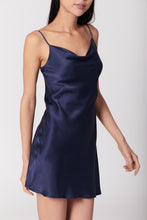 Load image into Gallery viewer, 60s Silk Cowl Mini Slip Dress - French Navy Blue
