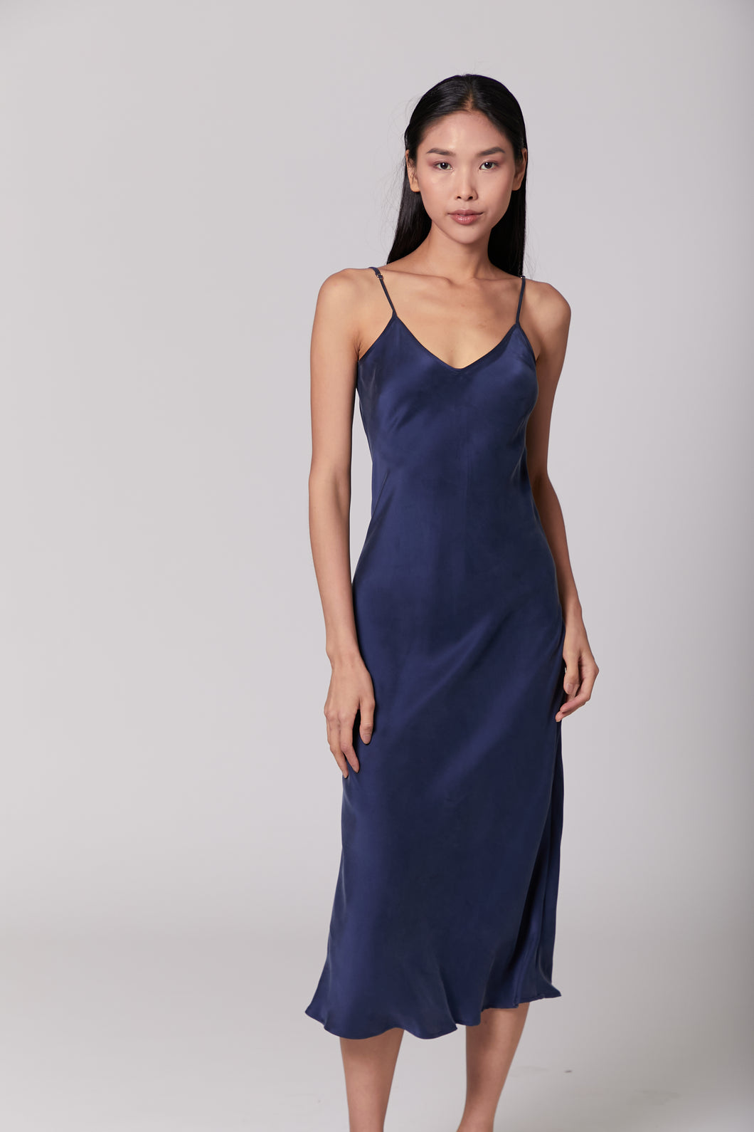 V Silk Slip Dress - French Navy Blue