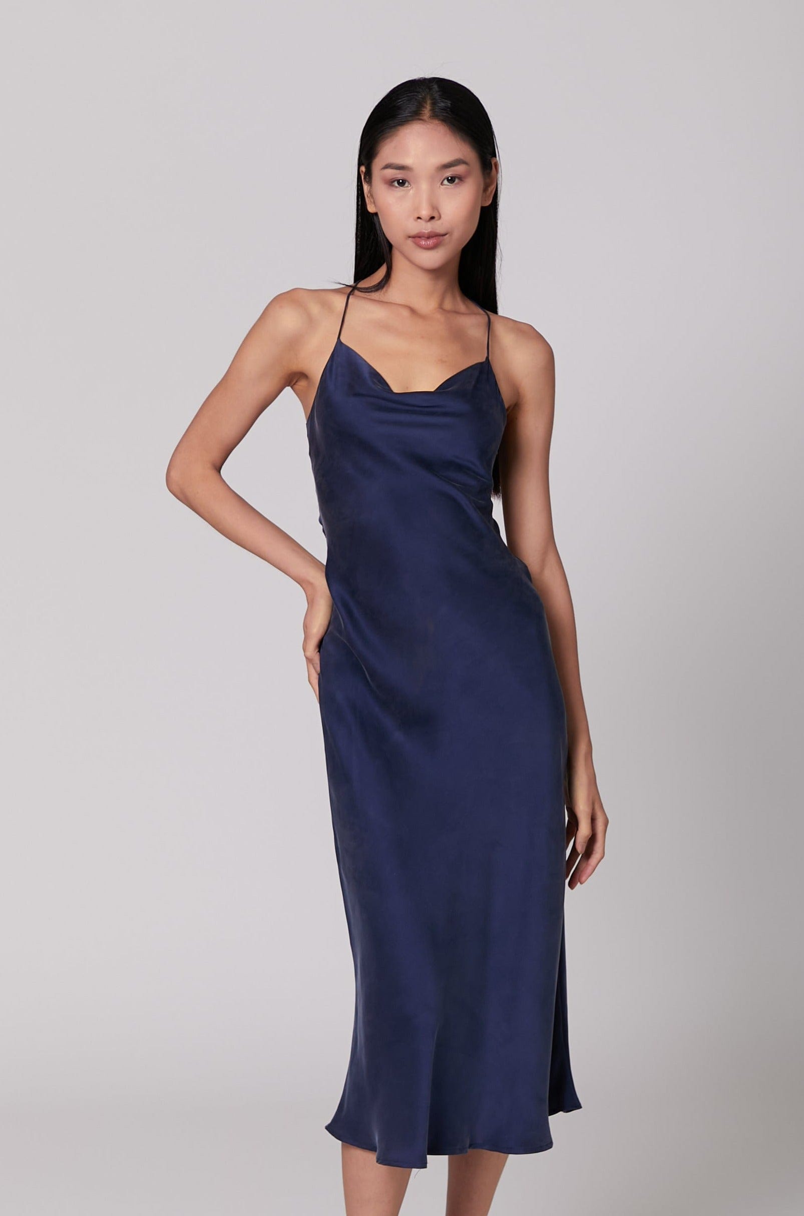 Nova Dress Silk Open Back Slip French Navy blue Anaphe