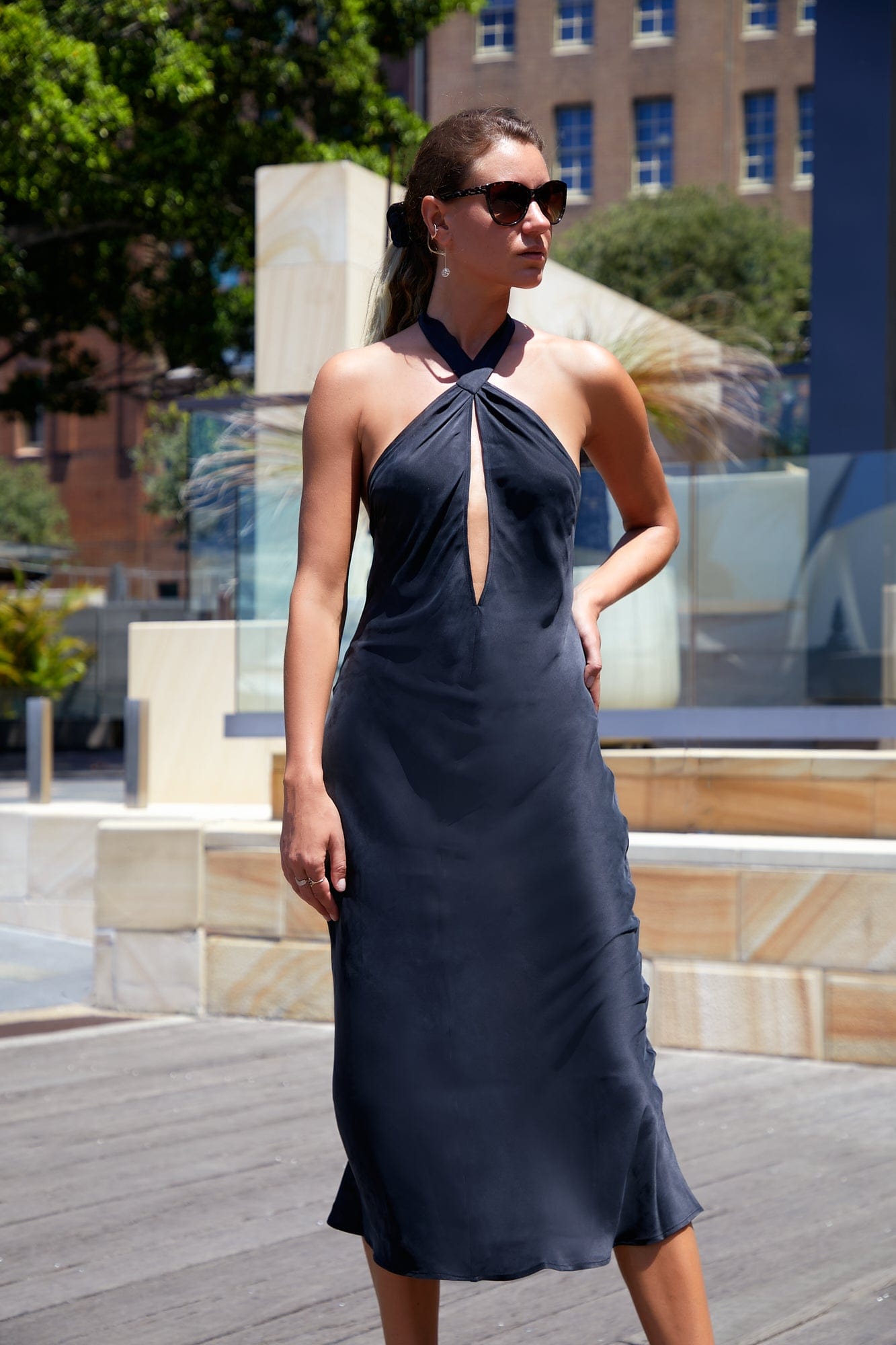 Black silk halter dress best sale