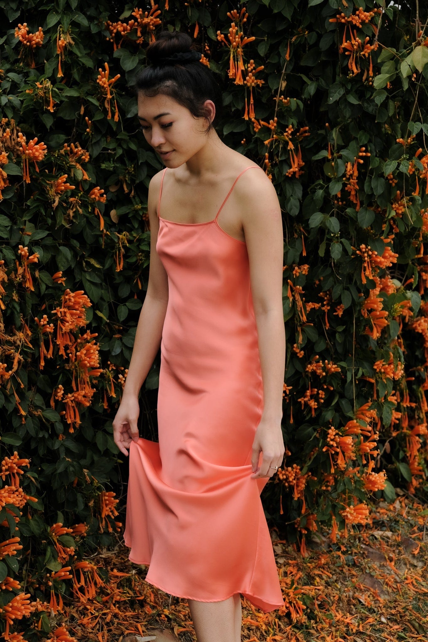 Revival Long Length Silk Slip Dress Coral XS